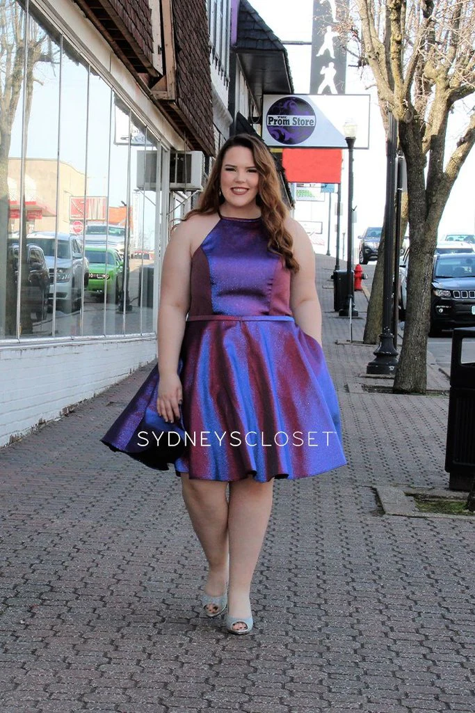 Sydney's Closet 8103 sz 18 Peacock Short Flare Metallic Prom Dress High Neck Pockets - Image 3
