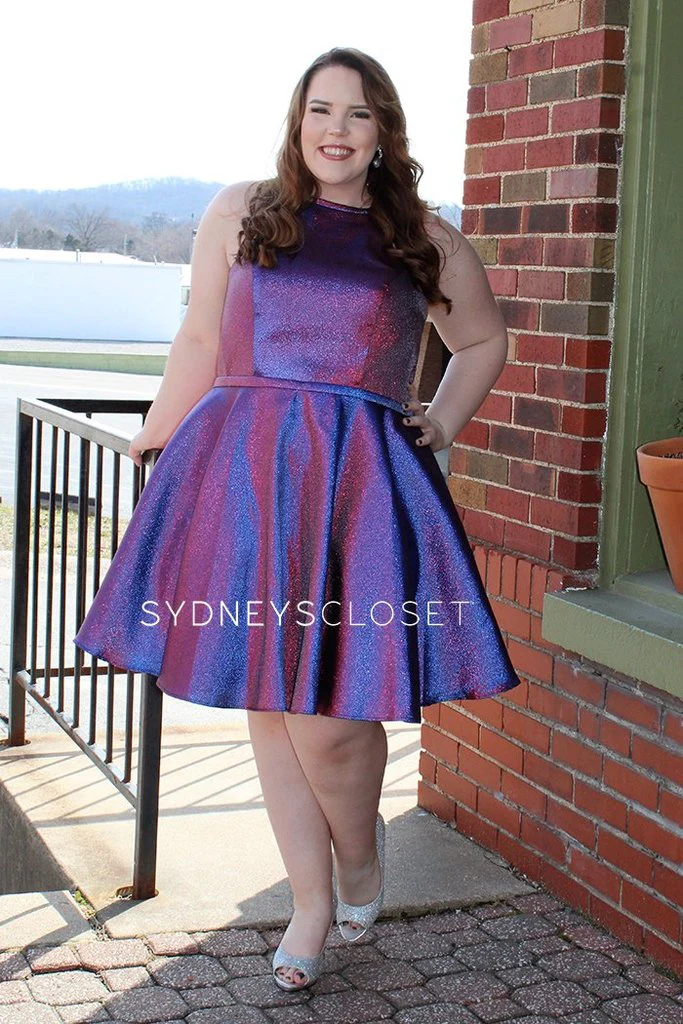 Sydney's Closet 8103 sz 18 Peacock Short Flare Metallic Prom Dress High Neck Pockets - Image 5
