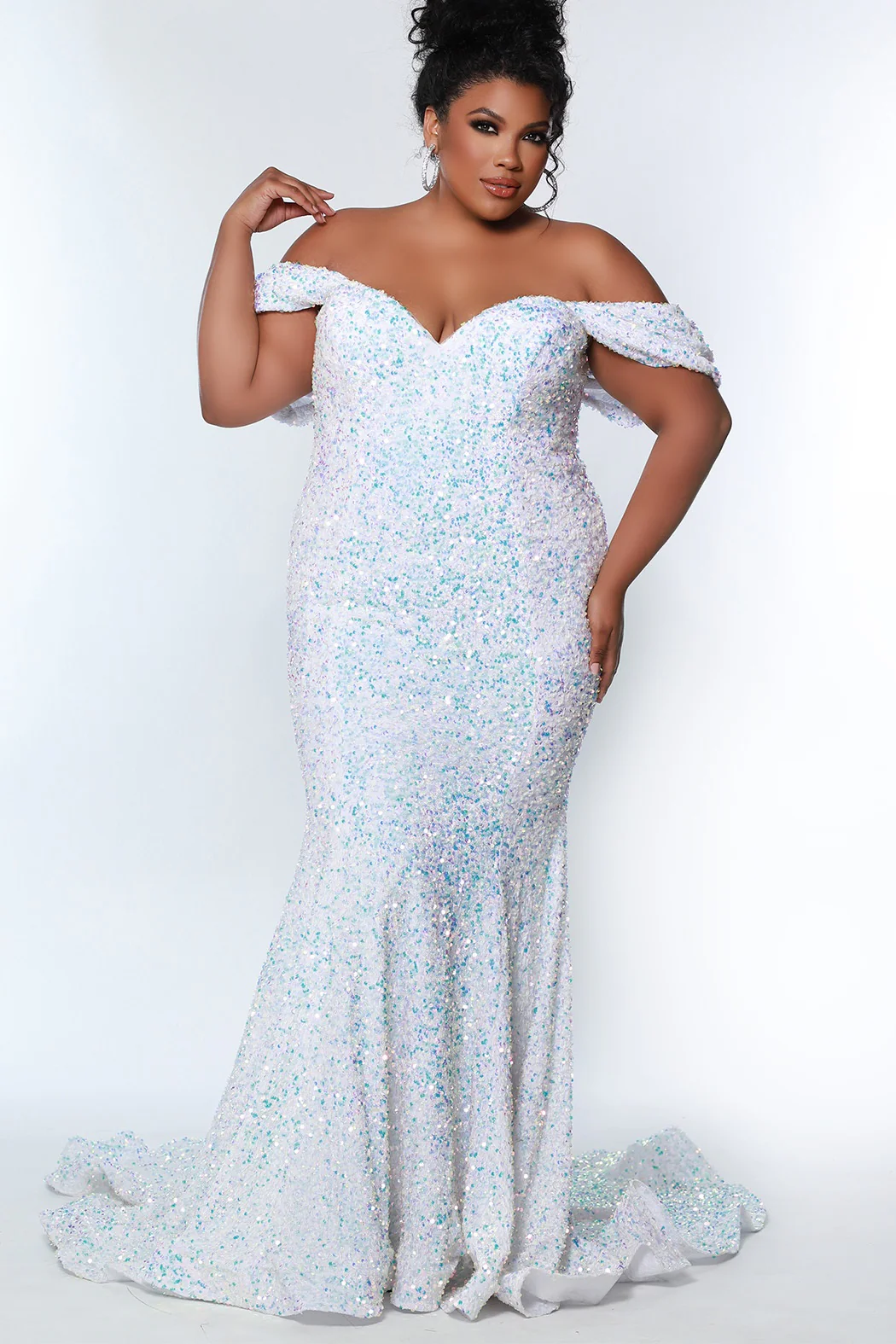 Sydney's Closet JK2313 Prom Dress by Johnathan Kayne Long Plus Size Mermaid Velvet Sequin Evening Gown Off the Shoulder - Image 12