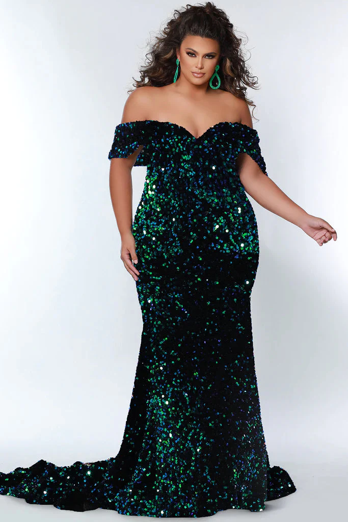 Sydney's Closet JK2313 Prom Dress by Johnathan Kayne Long Plus Size Mermaid Velvet Sequin Evening Gown Off the Shoulder - Image 4