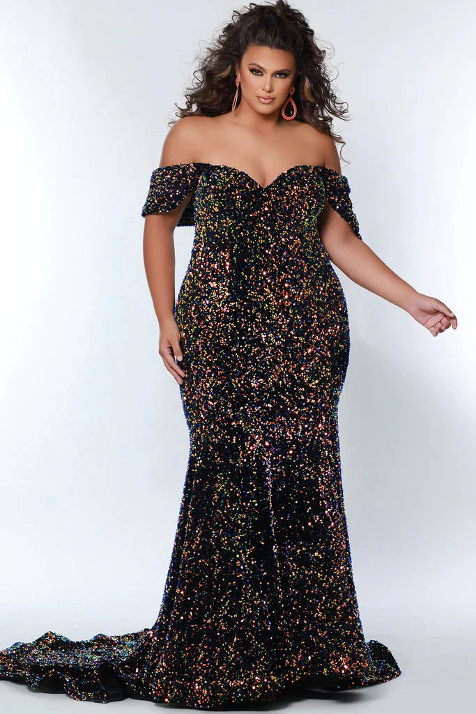 Sydney's Closet JK2313 Prom Dress by Johnathan Kayne Long Plus Size Mermaid Velvet Sequin Evening Gown Off the Shoulder - Image 9