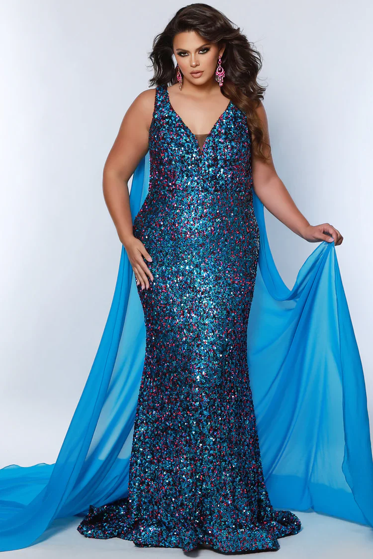 Sydneys Closet JK2407 Size 20 Kaleidoscope Sequin Pageant Dress Cape Plus Size Formal Gown - Image 3