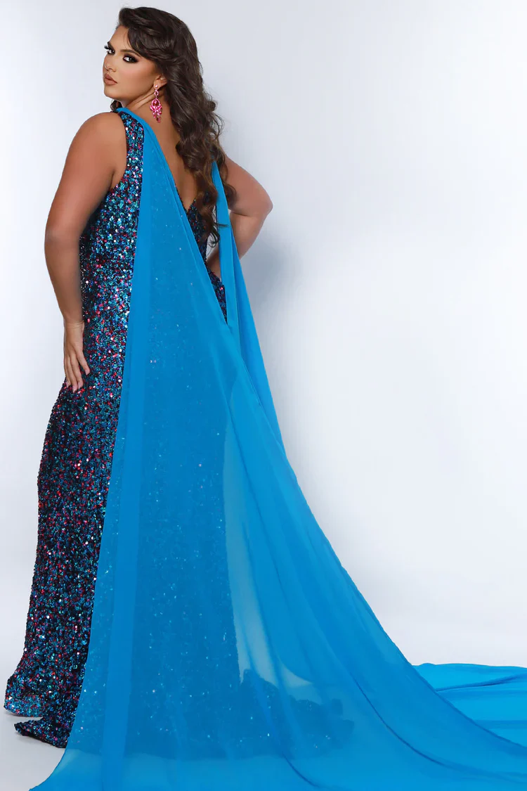 Sydneys Closet JK2407 Size 20 Kaleidoscope Sequin Pageant Dress Cape Plus Size Formal Gown - Image 4