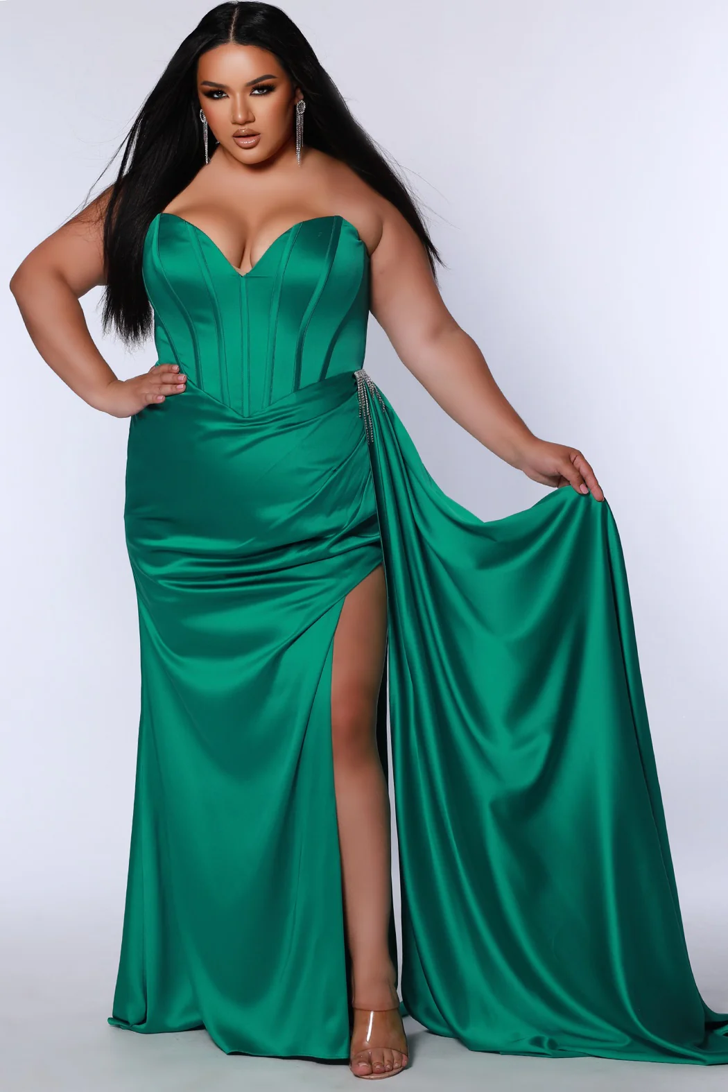 Sydneys Closet JK2408 Pageant Dress Maxi Slit Plus Size Fringe Off Shoulders Corset Satin Gown Over Skirt - Image 11