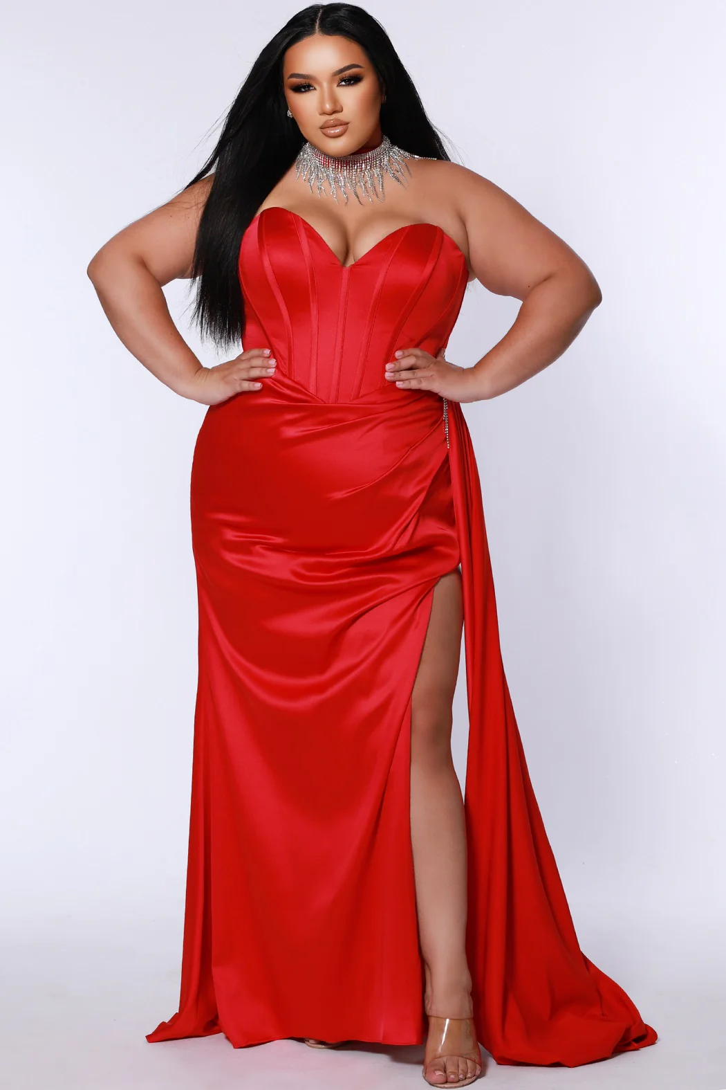 Sydneys Closet JK2408 Pageant Dress Maxi Slit Plus Size Fringe Off Shoulders Corset Satin Gown Over Skirt - Image 12