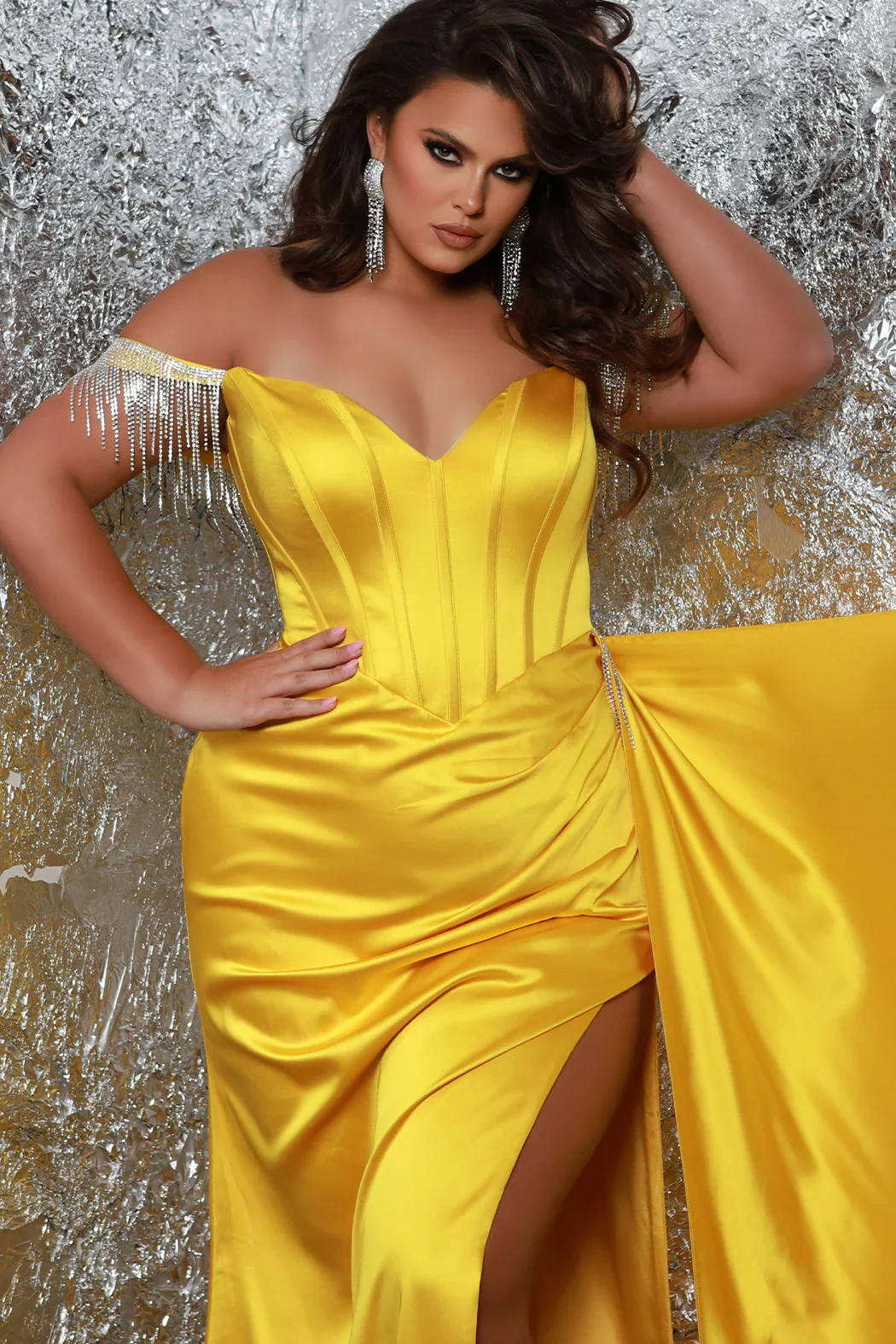 Sydneys Closet JK2408 Pageant Dress Maxi Slit Plus Size Fringe Off Shoulders Corset Satin Gown Over Skirt - Image 8