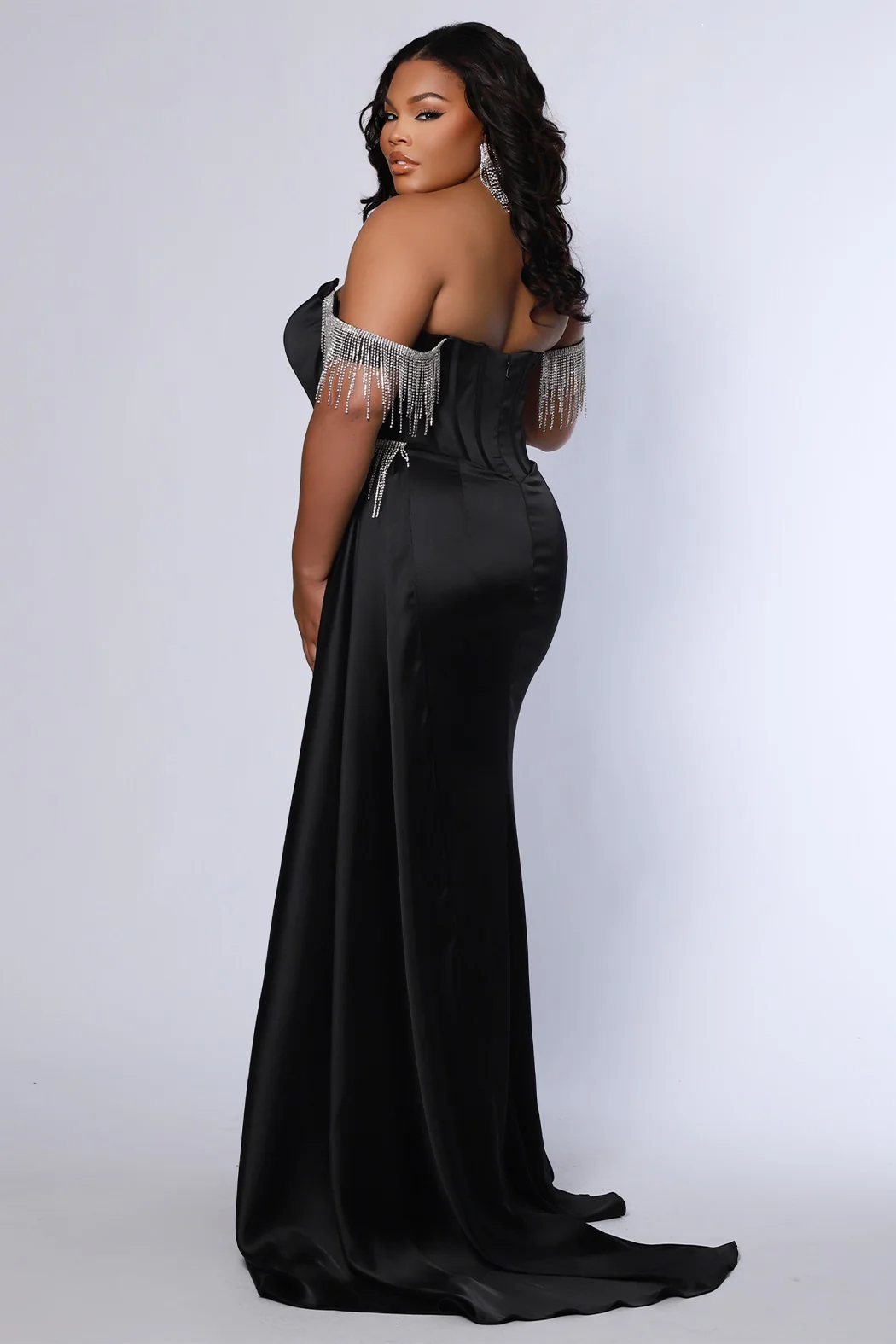 Sydneys Closet JK2408 Pageant Dress Maxi Slit Plus Size Fringe Off Shoulders Corset Satin Gown Over Skirt - Image 9
