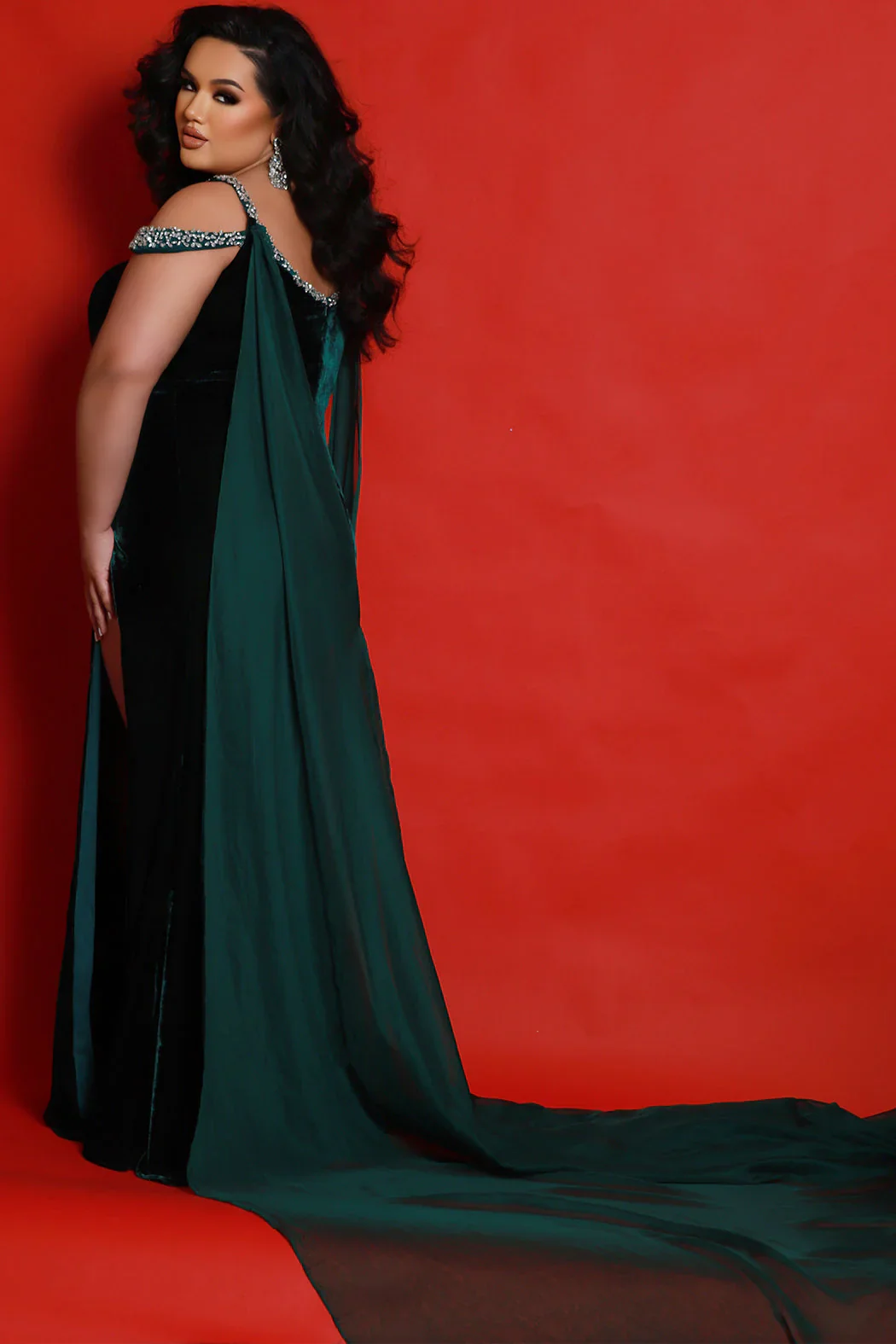 Sydneys Closet JK2420 Fitted Velvet Pageant Dress Slit Plus Size Off the Shoulder Cape Train Prom - Image 4