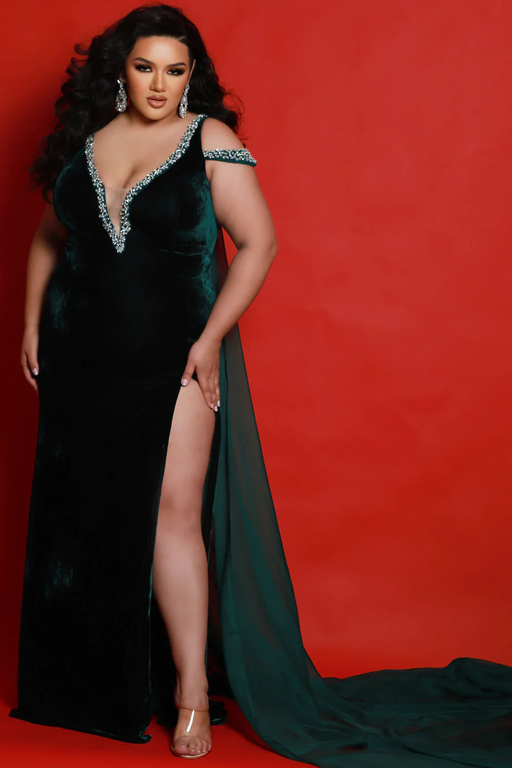 Sydneys Closet JK2420 Fitted Velvet Pageant Dress Slit Plus Size Off the Shoulder Cape Train Prom - Image 5