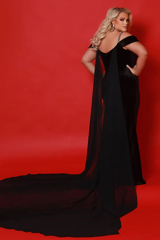 Sydneys Closet JK2514 size 22 Black Ferrari Velvet Crystal Corset Dress Cape Off the Shoulder Slit Formal Plus Size Pageant Gown - Image 2