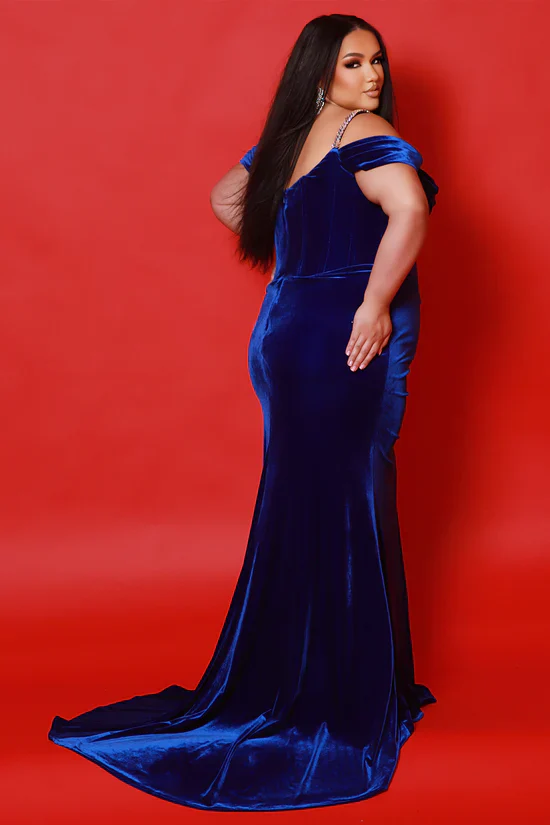 Sydneys Closet JK2514 size 22 Black Ferrari Velvet Crystal Corset Dress Cape Off the Shoulder Slit Formal Plus Size Pageant Gown - Image 4