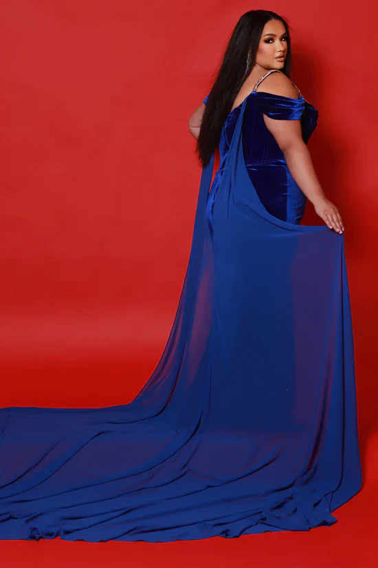 Sydneys Closet JK2514 size 22 Black Ferrari Velvet Crystal Corset Dress Cape Off the Shoulder Slit Formal Plus Size Pageant Gown - Image 5