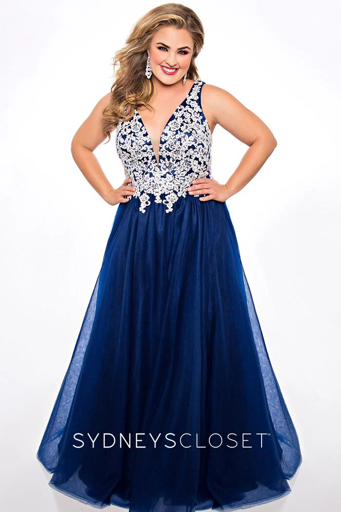 Sydney's Closet SC7291 size 14 Navy Prom Dress V neckline lace bodice tulle ball gown - Image 3