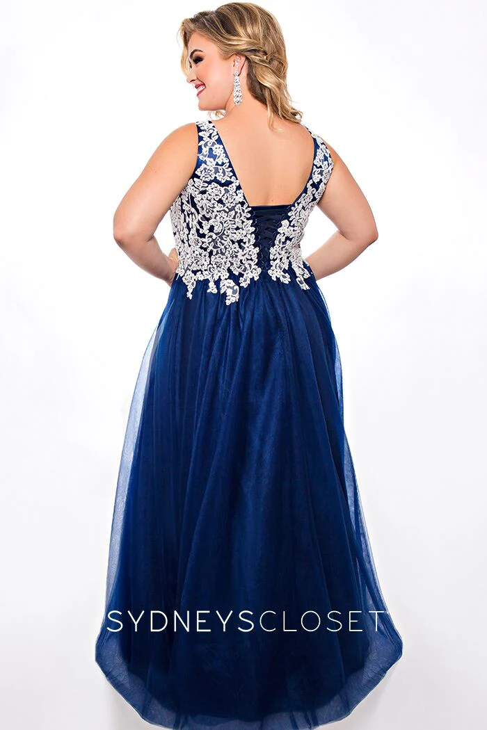 Sydney's Closet SC7291 size 14 Navy Prom Dress V neckline lace bodice tulle ball gown - Image 5
