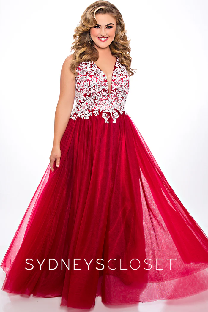 Sydney's Closet SC7291 size 14 Navy Prom Dress V neckline lace bodice tulle ball gown - Image 6