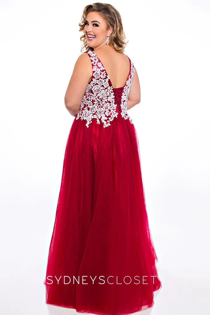 Sydney's Closet SC7291 size 14 Navy Prom Dress V neckline lace bodice tulle ball gown - Image 7