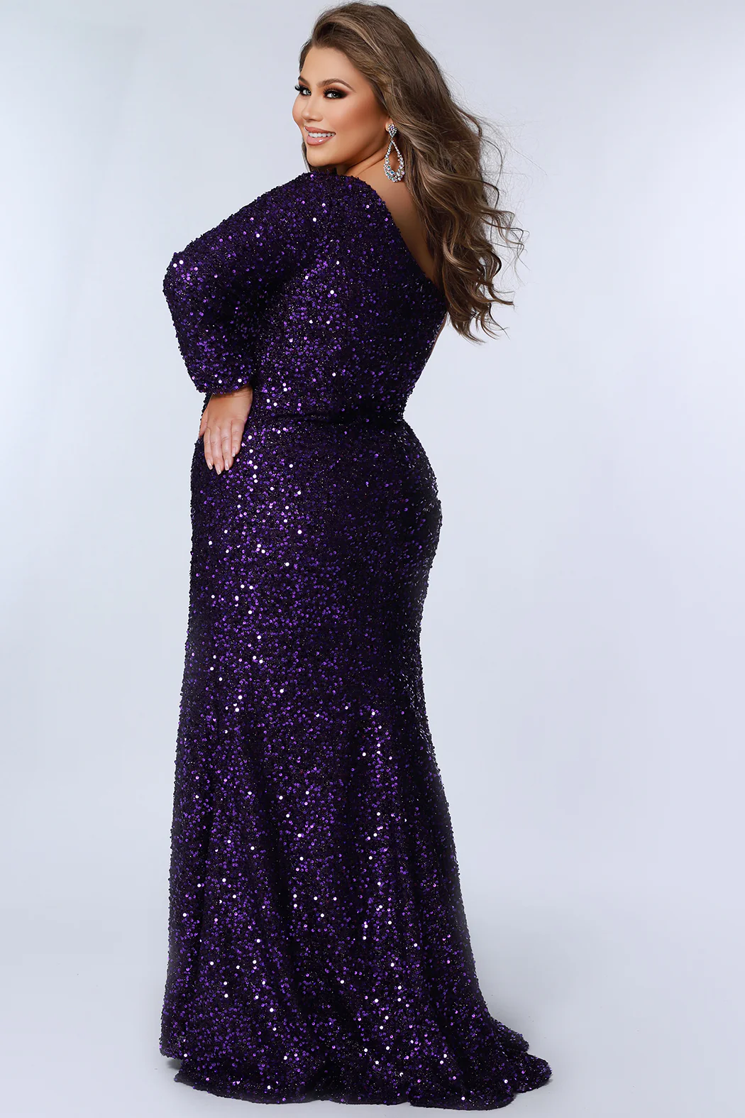 Sydney's Closet SC7319 Prom Evening Dress One Long Sleeve Fitted Plus Sized with Slit - Image 5