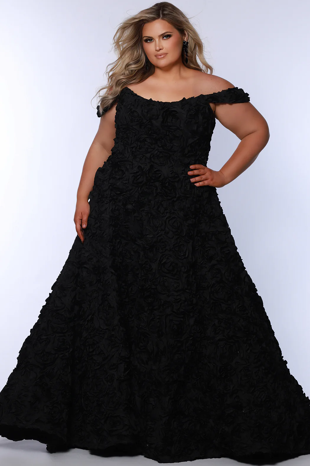 Sydney's Closet SC7397 Plus Sized Formal Dress Satin Rosette Off the Shoulder A Line