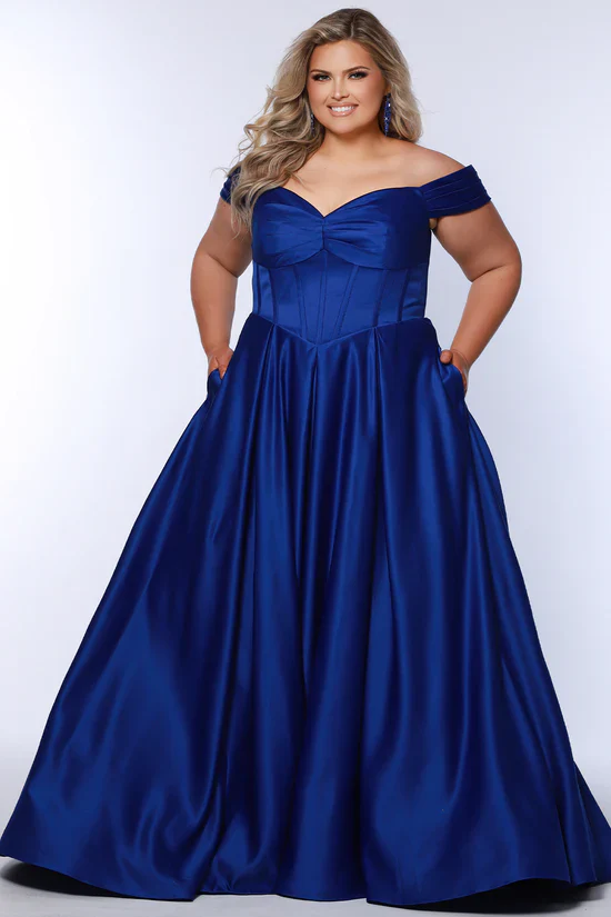 Sydneys Closet SC7400 Satin Prom Dress Plus Sized Corset A Line off the Shoulder Pockets Ballgown - Image 10