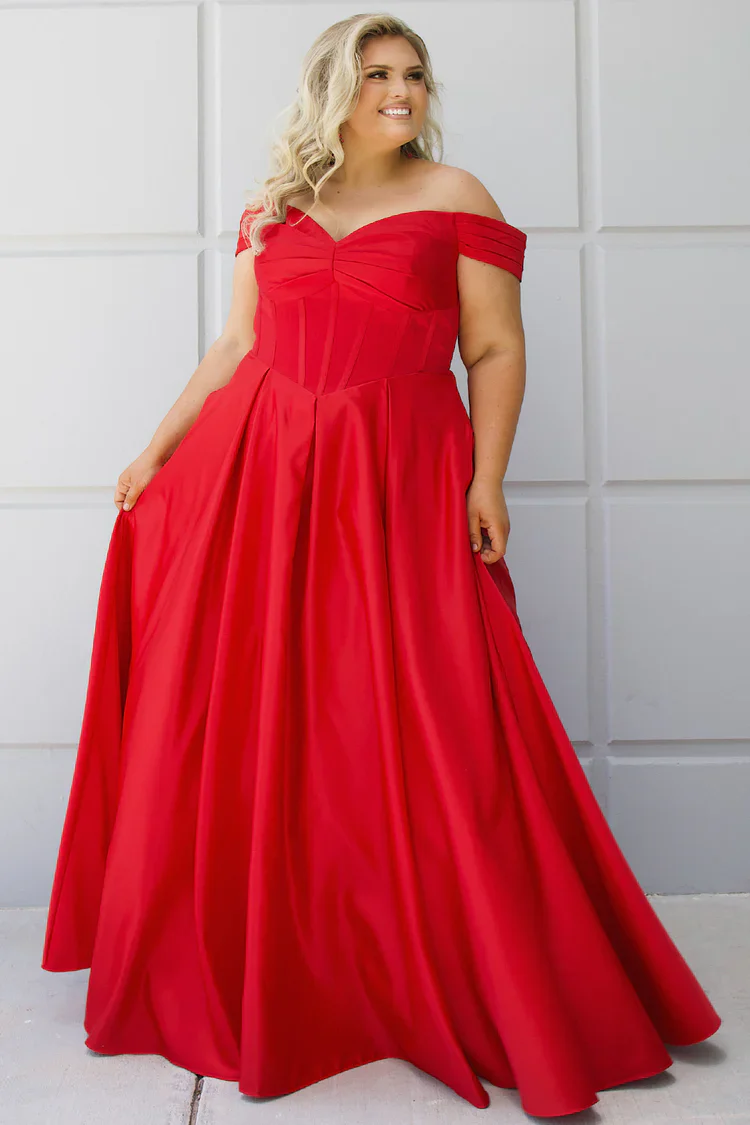 Sydneys Closet SC7400 Satin Prom Dress Plus Sized Corset A Line off the Shoulder Pockets Ballgown - Image 7