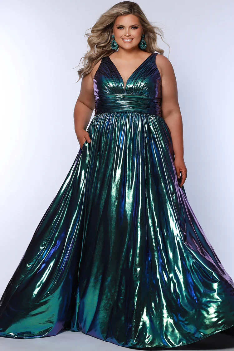 Sydneys Closet SC7415 Size 30 Prism Metallic A Line Plus Size Prom Dress V Neck Formal Gown Color Shift - Image 3