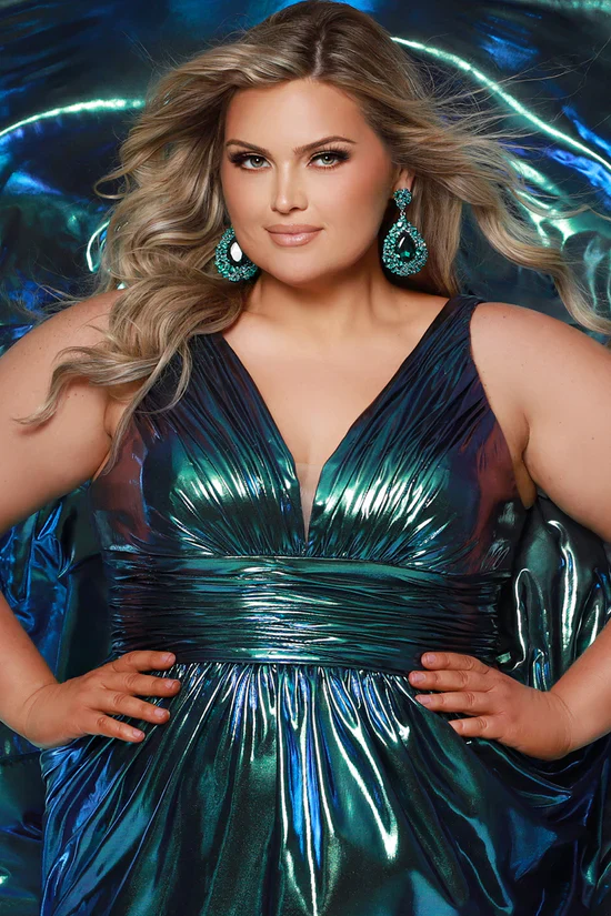 Sydneys Closet SC7415 Size 30 Prism Metallic A Line Plus Size Prom Dress V Neck Formal Gown Color Shift - Image 6
