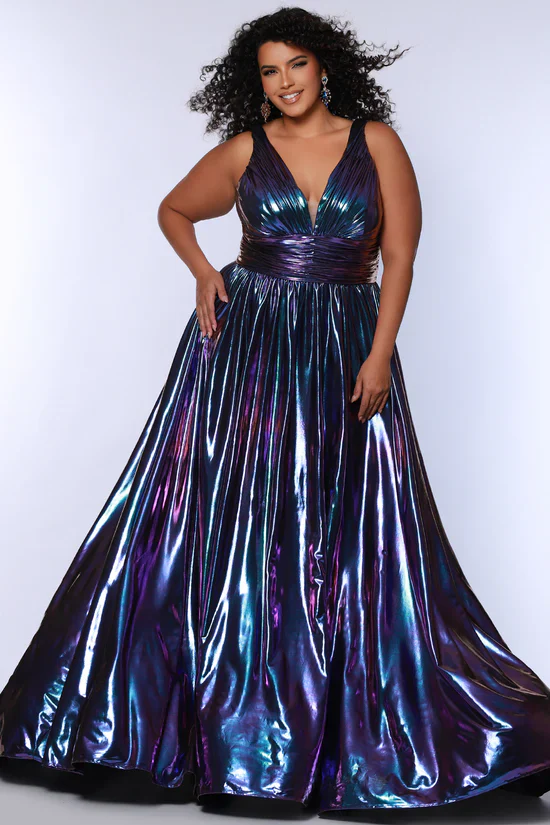 Sydneys Closet SC7415 Size 30 Prism Metallic A Line Plus Size Prom Dress V Neck Formal Gown Color Shift