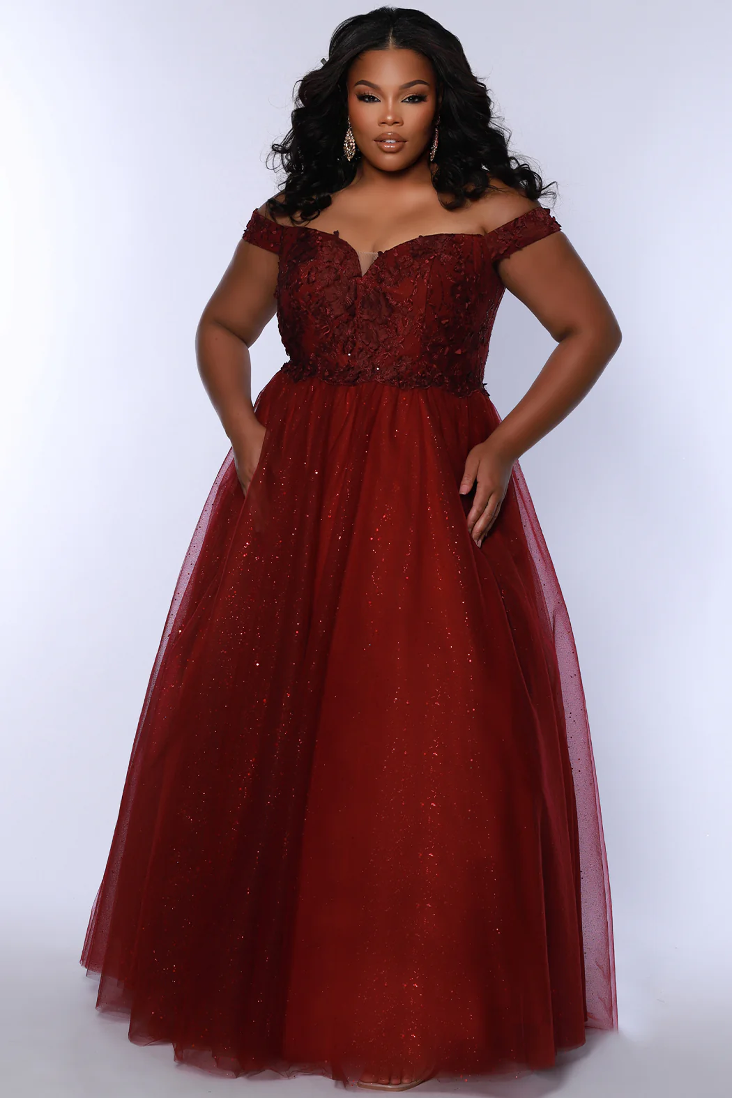 Sydneys Closet SC7428 Plus Sized Ballgown Prom Dress Off the Shoulder Glitter Tulle Long 3D Floral Lace - Image 4