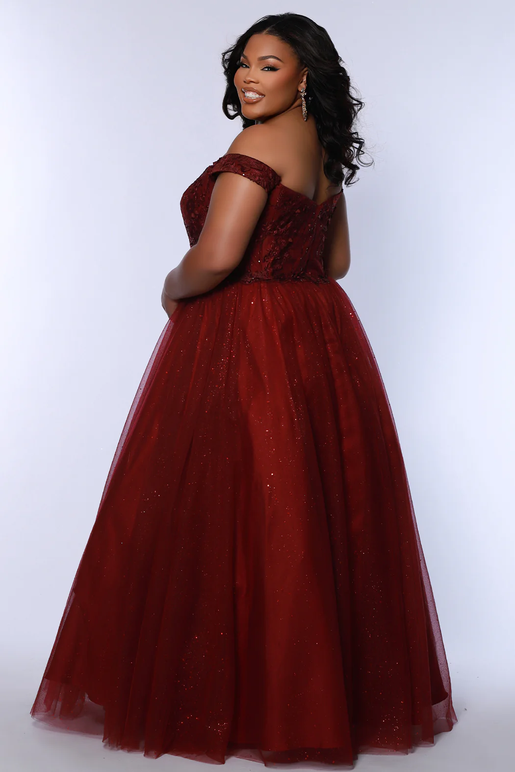 Sydneys Closet SC7428 Plus Sized Ballgown Prom Dress Off the Shoulder Glitter Tulle Long 3D Floral Lace - Image 5