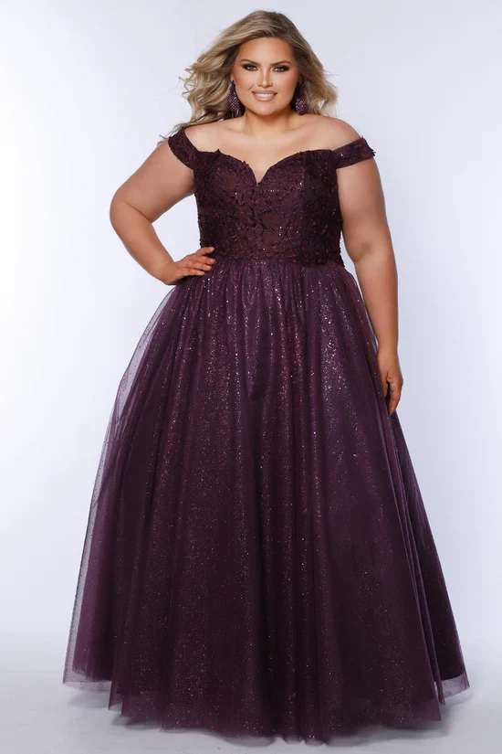 Sydneys Closet SC7428 Size 22 Burgundy Plus Size Dress Ballgown Lace Shimmer off the Shoulder Formal Prom - Image 6