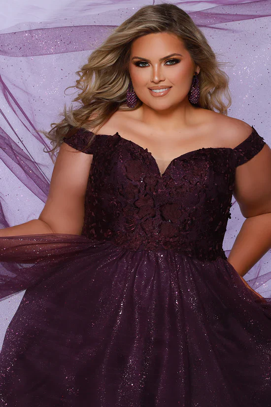 Sydneys Closet SC7428 Size 22 Burgundy Plus Size Dress Ballgown Lace Shimmer off the Shoulder Formal Prom - Image 5
