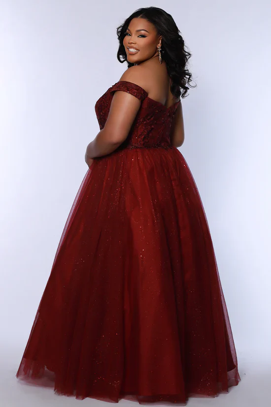 Sydneys Closet SC7428 Size 22 Burgundy Plus Size Dress Ballgown Lace Shimmer off the Shoulder Formal Prom - Image 2