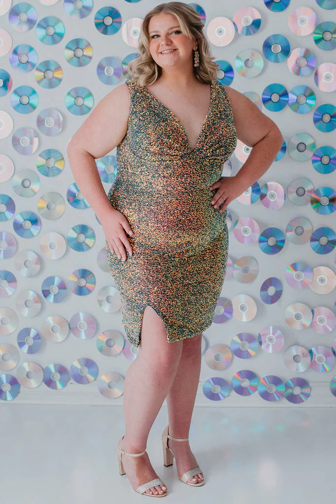 Sydney's Closet SC8110 Size 24 Green Short Plus Size fitted Sequin Formal Cocktail Dress Slit V Neck Gown - Image 3
