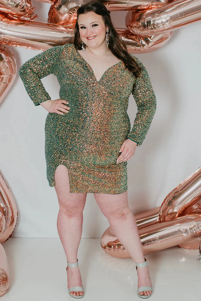 Sydneys Closet SC8111 Size 22 Blue Short Sequin Long Sleeve Plus Size Formal Cocktail dress V Neck Gown - Image 3