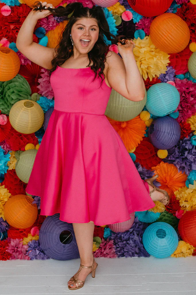Sydneys Closet SC8115 Size 16 Fuchsia Plus Size Satin A Line Formal Cocktail Dress Homecoming Pockets - Image 3