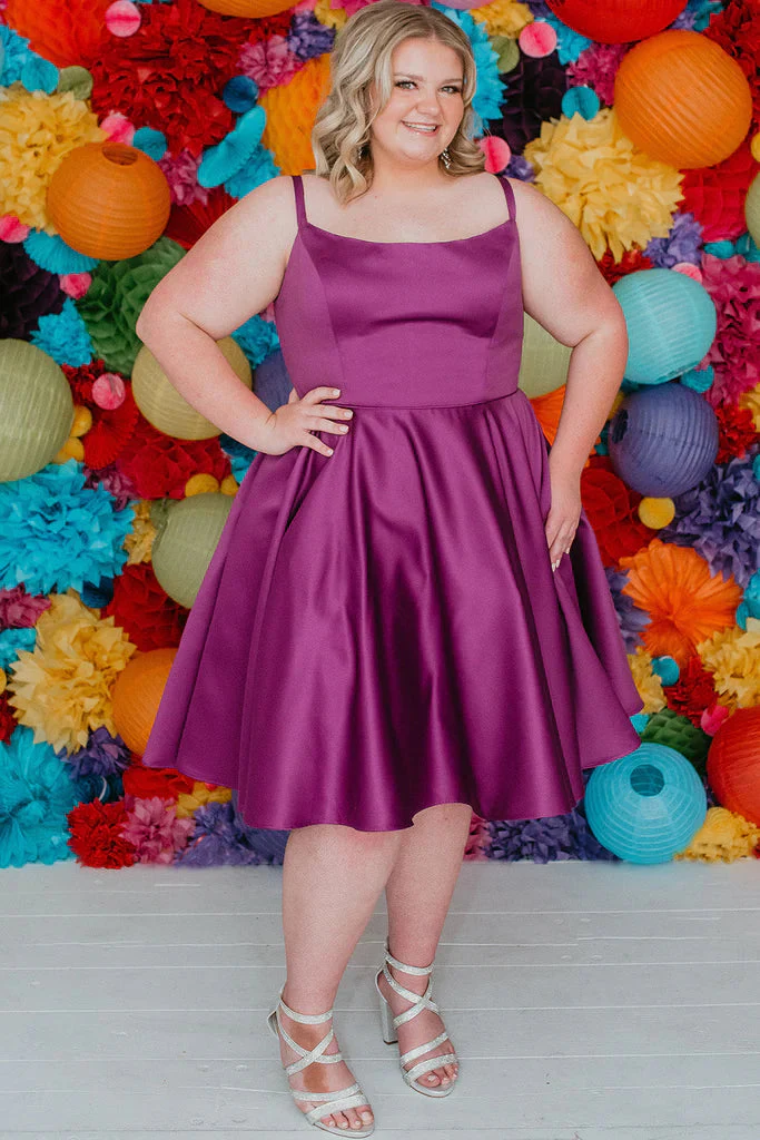 Sydneys Closet SC8115 Size 16 Fuchsia Plus Size Satin A Line Formal Cocktail Dress Homecoming Pockets - Image 6