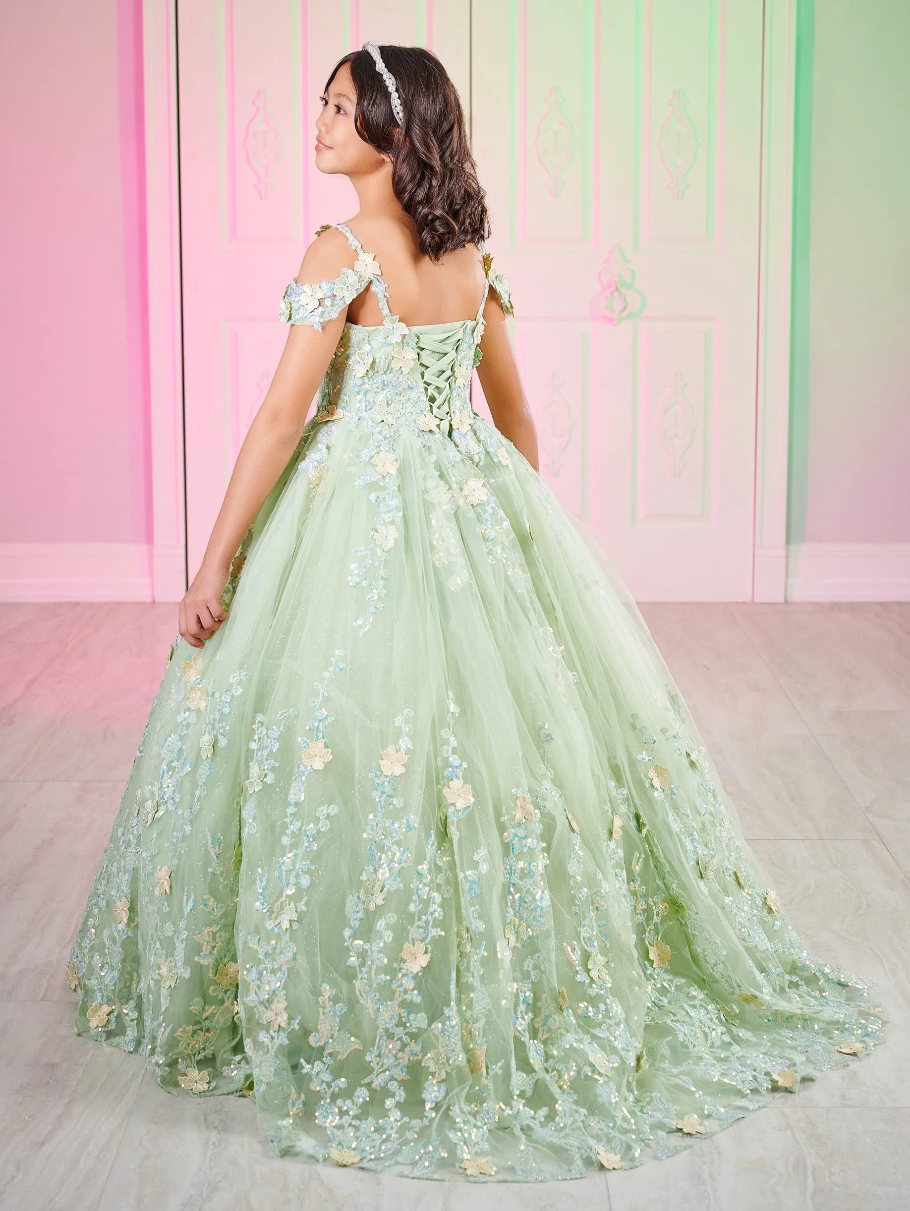 Tiffany 80002MQ Girls 3D Lace Shimmer Pageant Dress off the shoulder Mini Quince Gown - Image 2