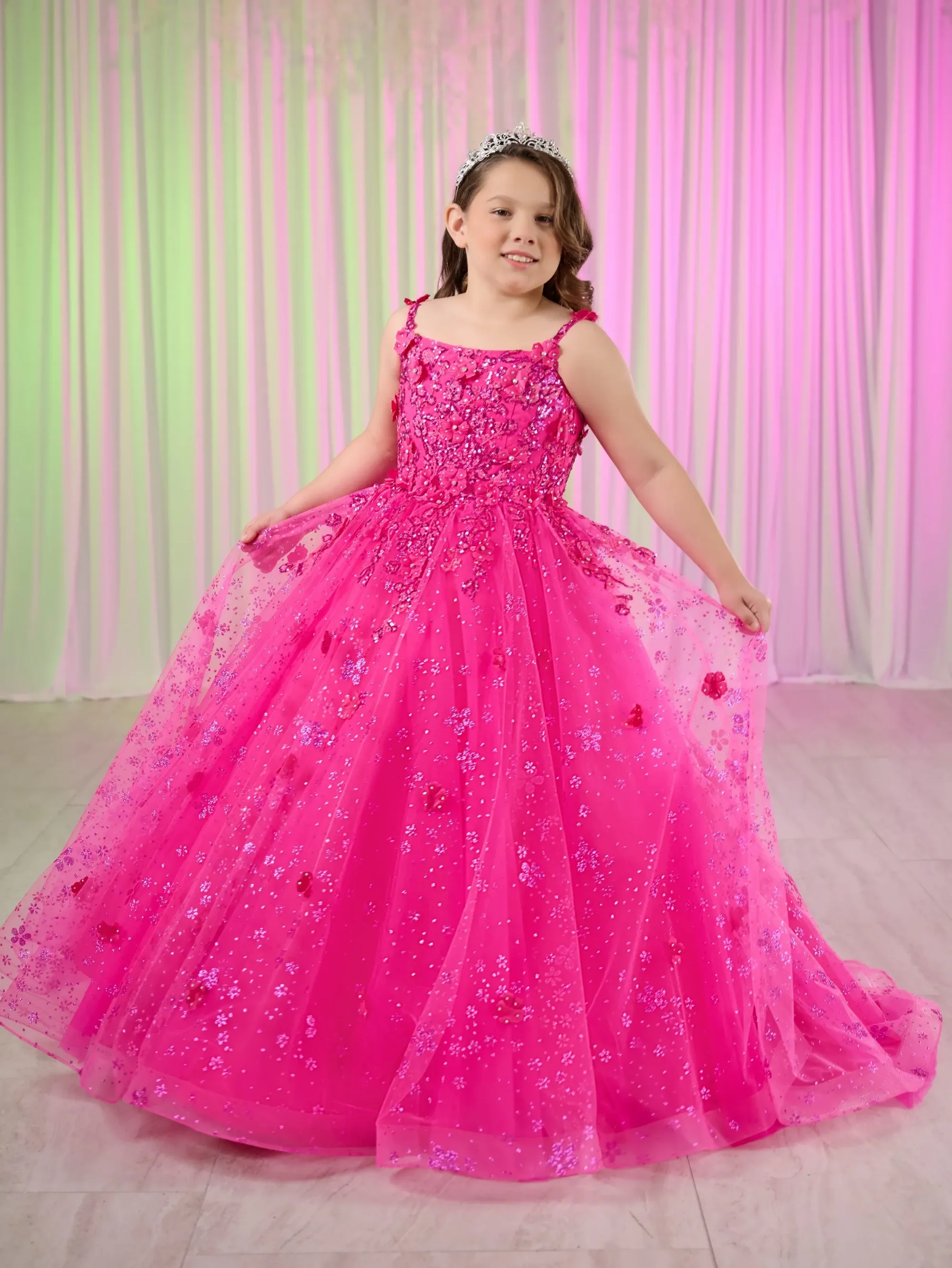 Tiffany Princess 13758 Girls Long Lace Pageant Dress Corset Floral Glitter Formal Ball Gown - Image 2