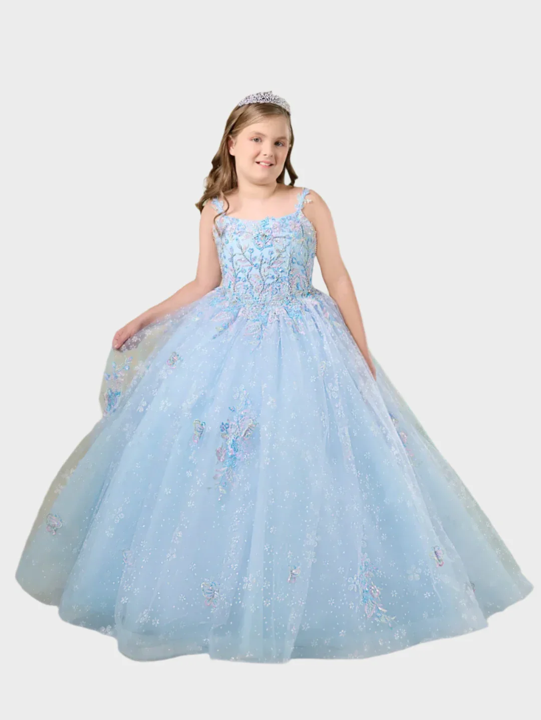 Tiffany Princess 13759 Girls Pageant Dress Butterfly Scoop Neck Crystal Corset Long Gown - Image 2