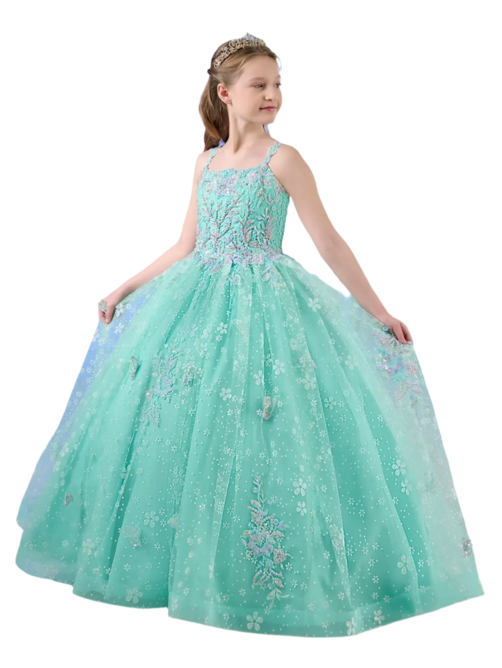 Tiffany Princess 13759 Girls Pageant Dress Butterfly Scoop Neck Crystal Corset Long Gown
