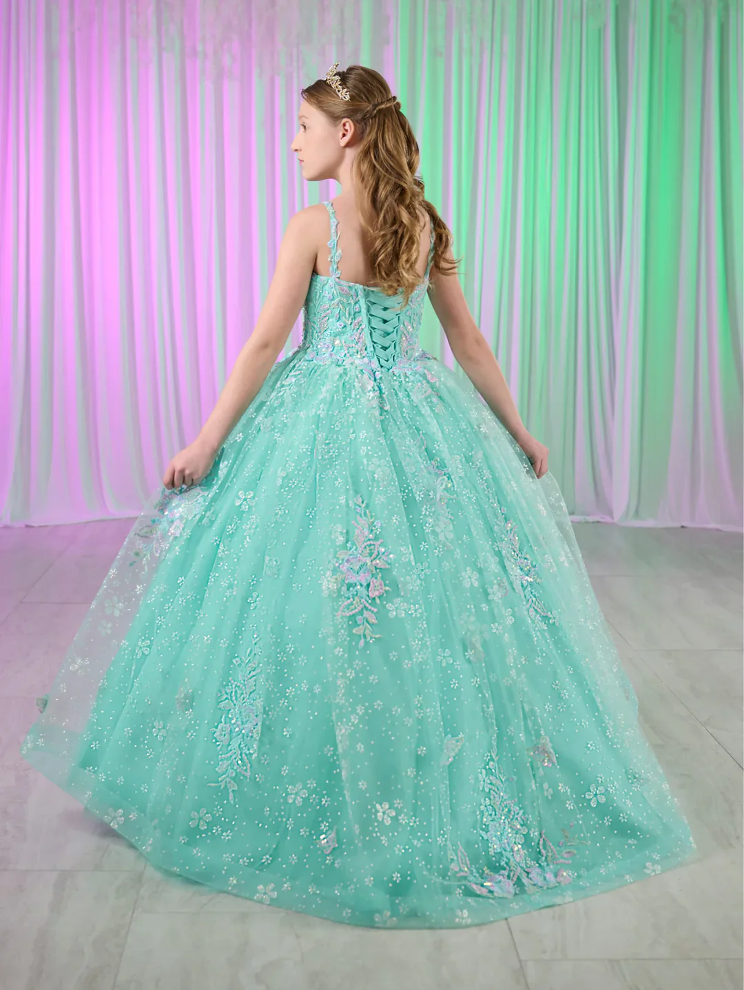 Tiffany Princess 13759 Girls Pageant Dress Butterfly Scoop Neck Crystal Corset Long Gown - Image 3