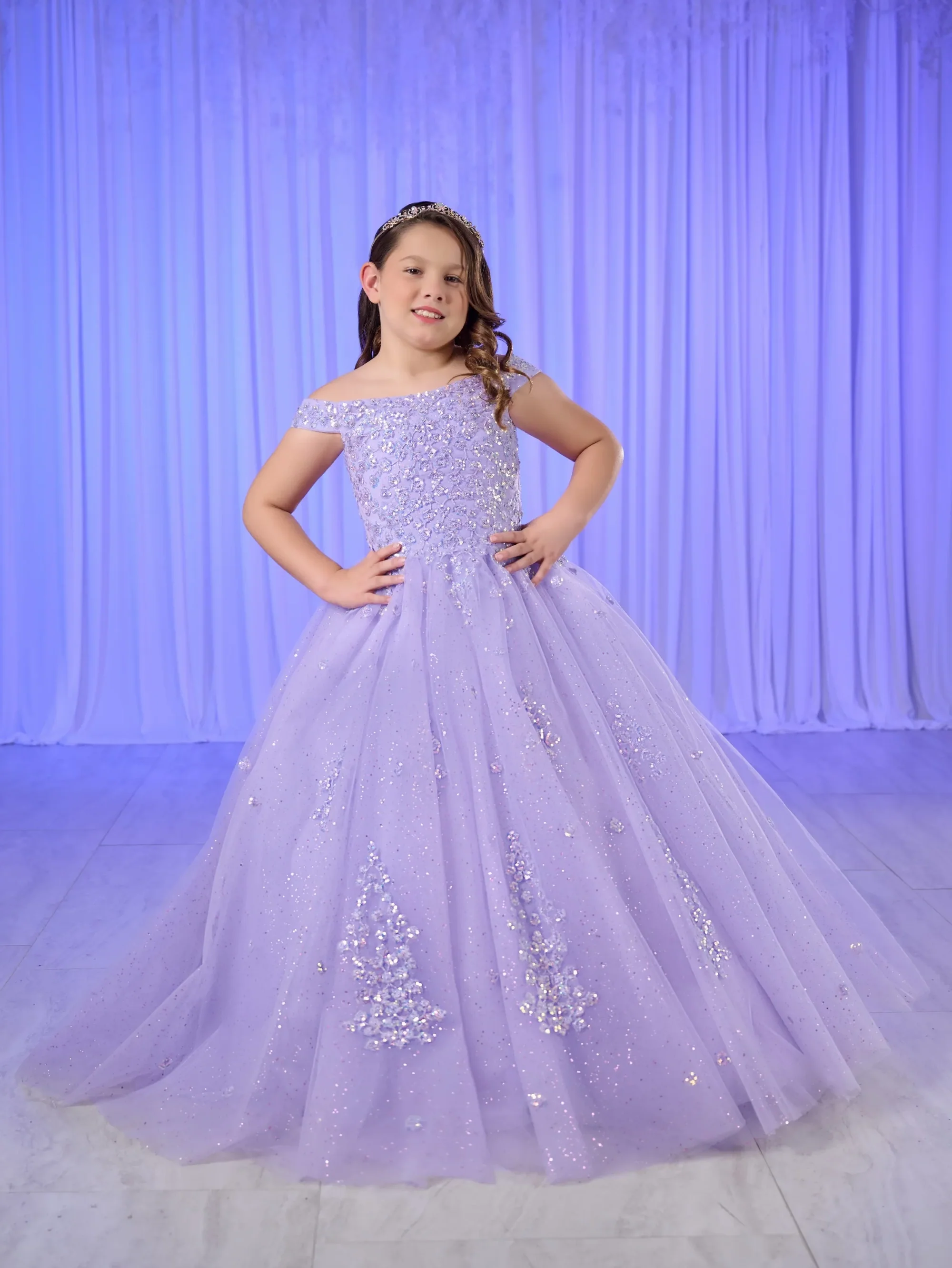 Tiffany Princess 13764 Girls Pageant Dress Off the shoulder Sequin Shimmer Ball Gown