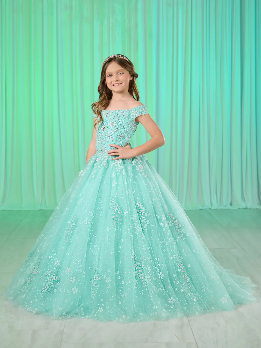 Tiffany Princess 13768 Size 2 White Girls Shimmer Lace Pageant Dress off the Shoulder Corset Formal Gown - Image 3