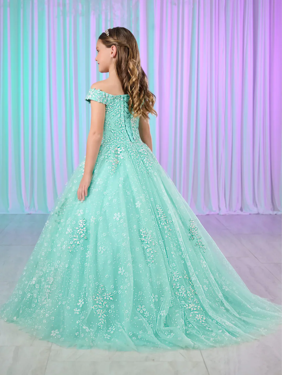 Tiffany Princess 13768 Size 2 White Girls Shimmer Lace Pageant Dress off the Shoulder Corset Formal Gown - Image 4