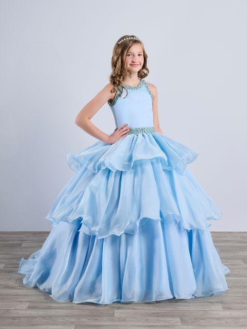 Tiffany Princess 13787 Size 4 Sky Ruffle Layer Girls Pageant Dress Backless High Neck Crystal Neckline