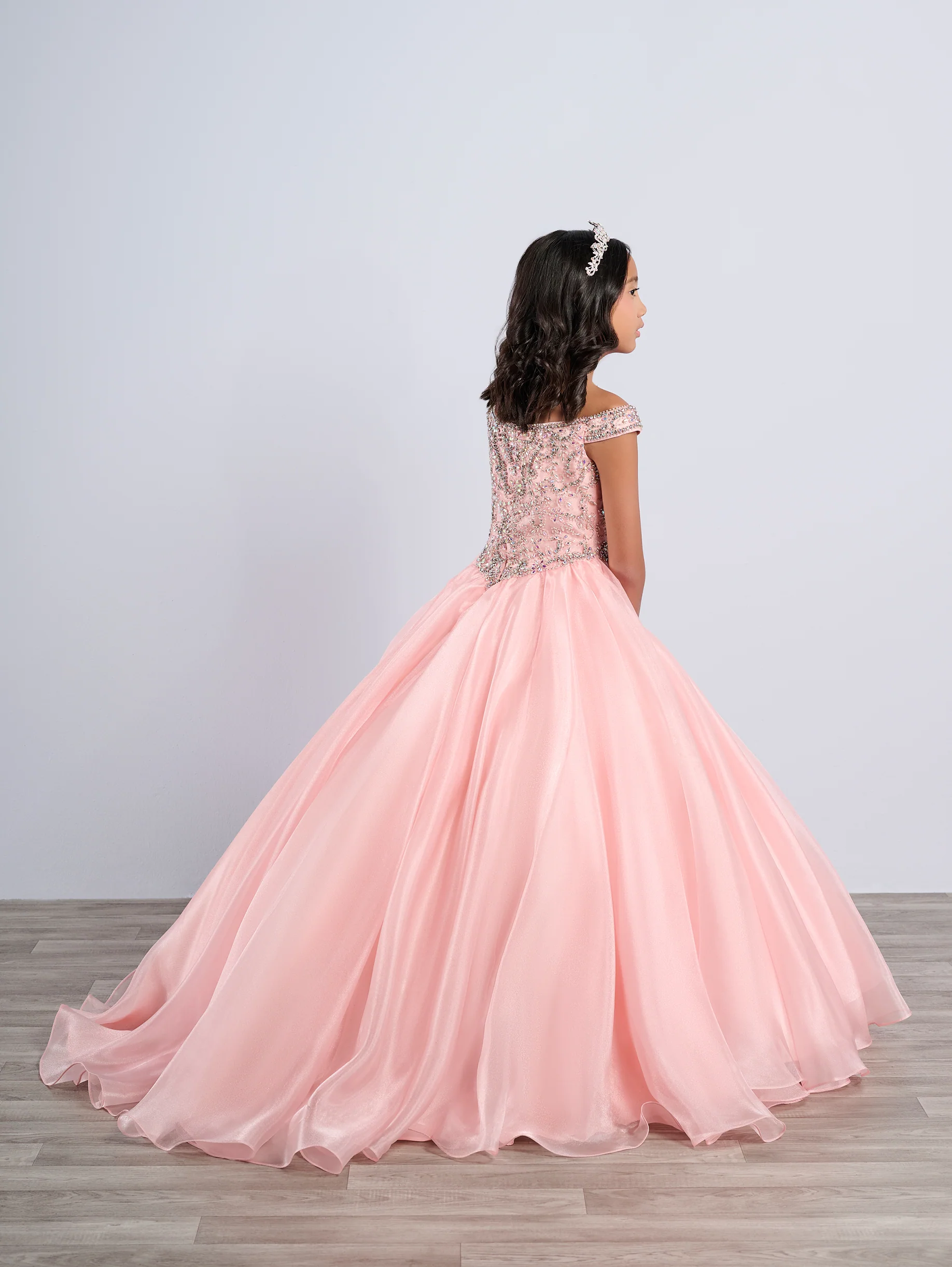 Tiffany Princess 13788 A Line Girls Pageant Dress Crystal Bodice off the shoulder Ballgown - Image 2