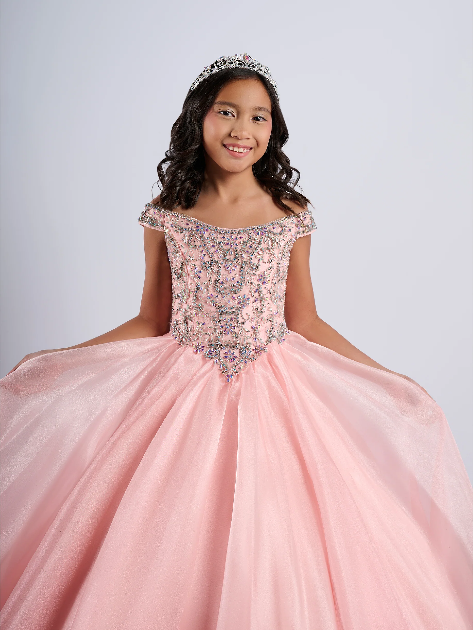Tiffany Princess 13788 A Line Girls Pageant Dress Crystal Bodice off the shoulder Ballgown - Image 3