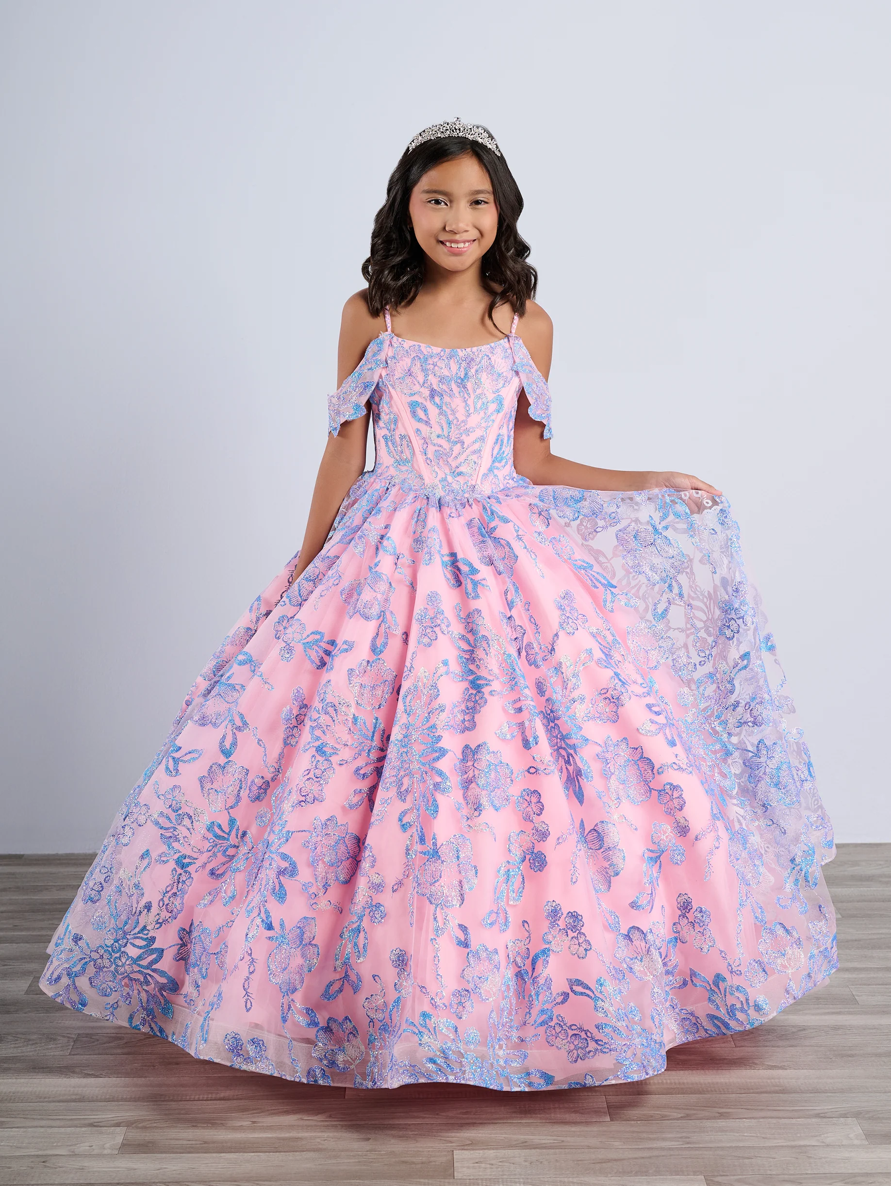 Tiffany Princess 13794 Glitter Floral Girls Pageant Dress off the shoulder Cape Corset Ballgown