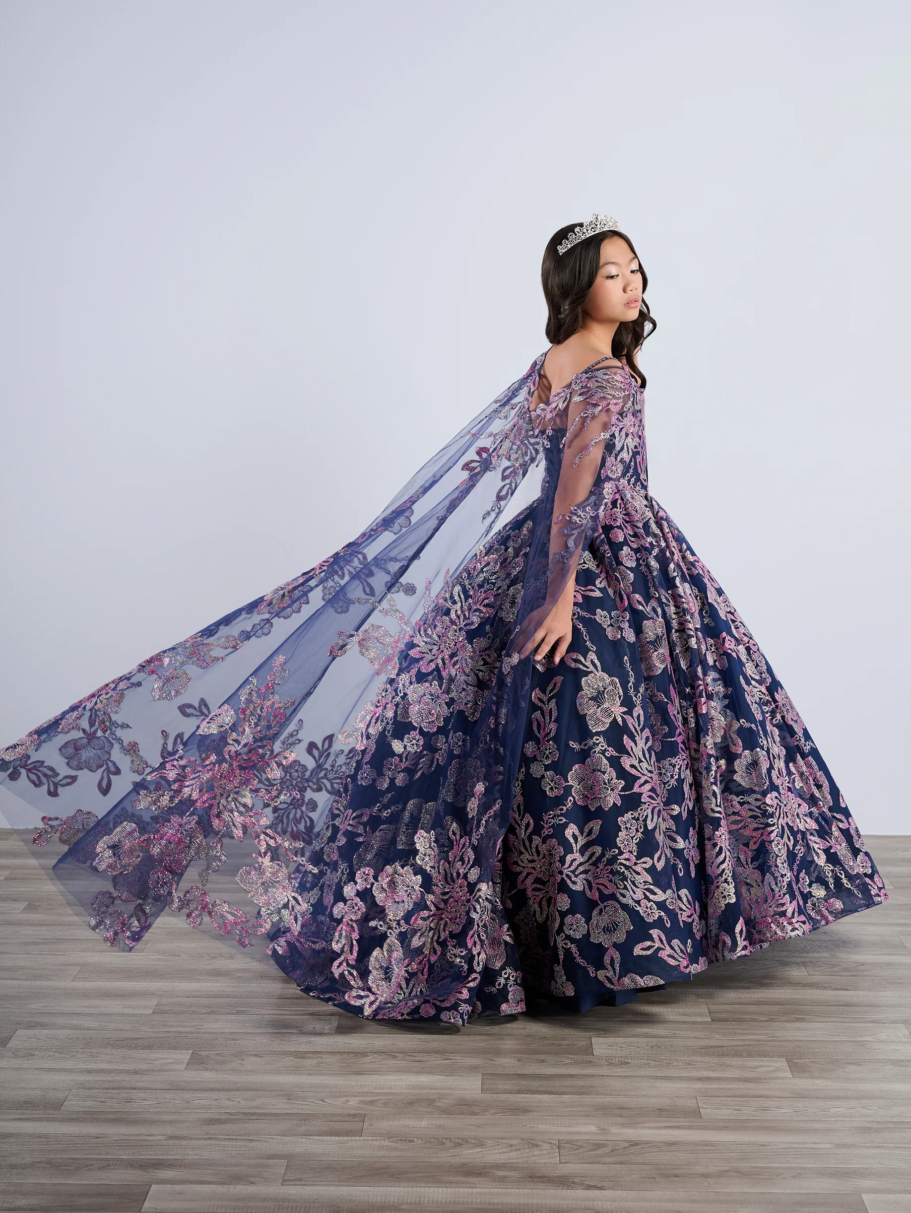 Tiffany Princess 13794 Glitter Floral Girls Pageant Dress off the shoulder Cape Corset Ballgown - Image 3