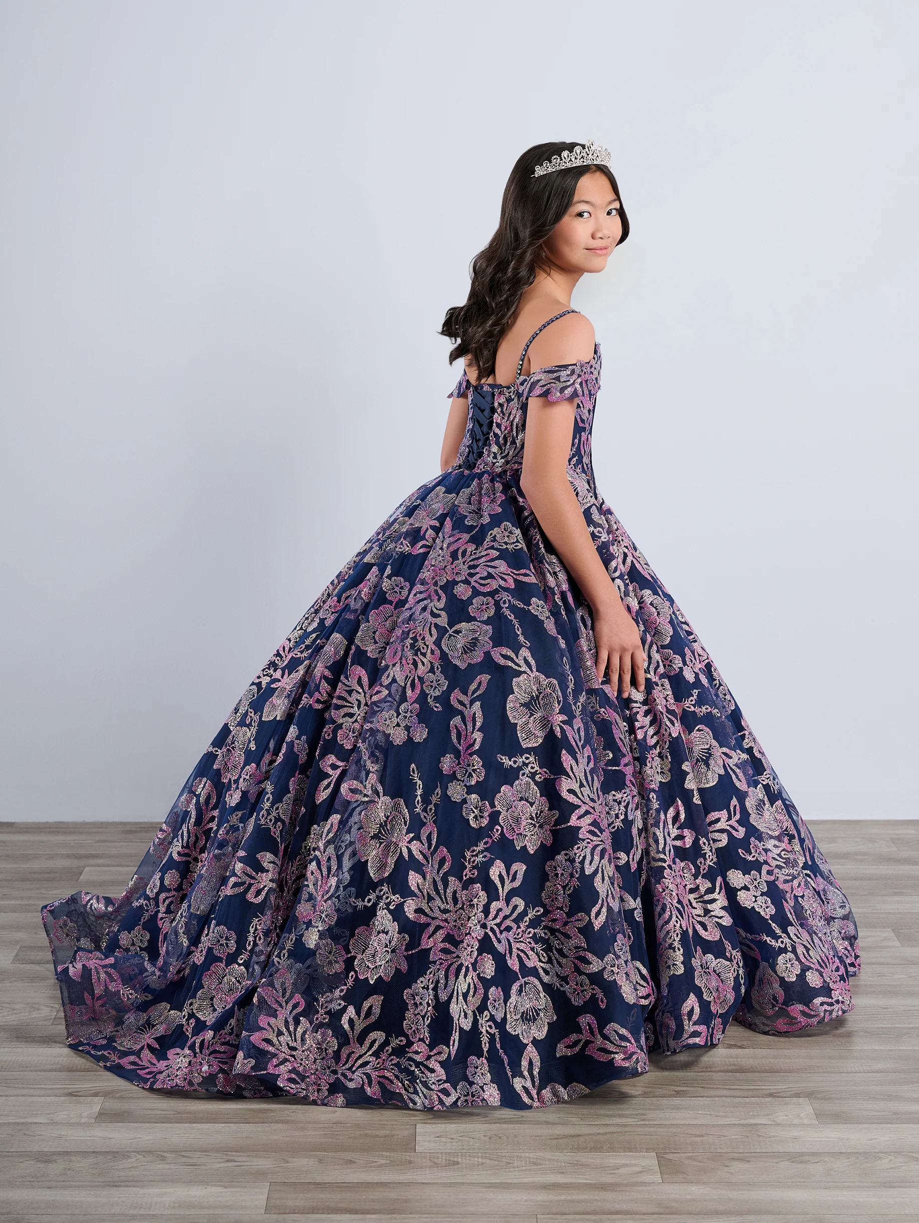 Tiffany Princess 13794 Glitter Floral Girls Pageant Dress off the shoulder Cape Corset Ballgown - Image 4